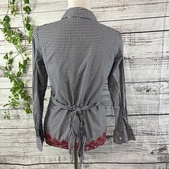 Tommy Hilfiger Blouse size Extra Small Navy Blue White Gingham Red Eyelet Casual - Picture 12 of 13